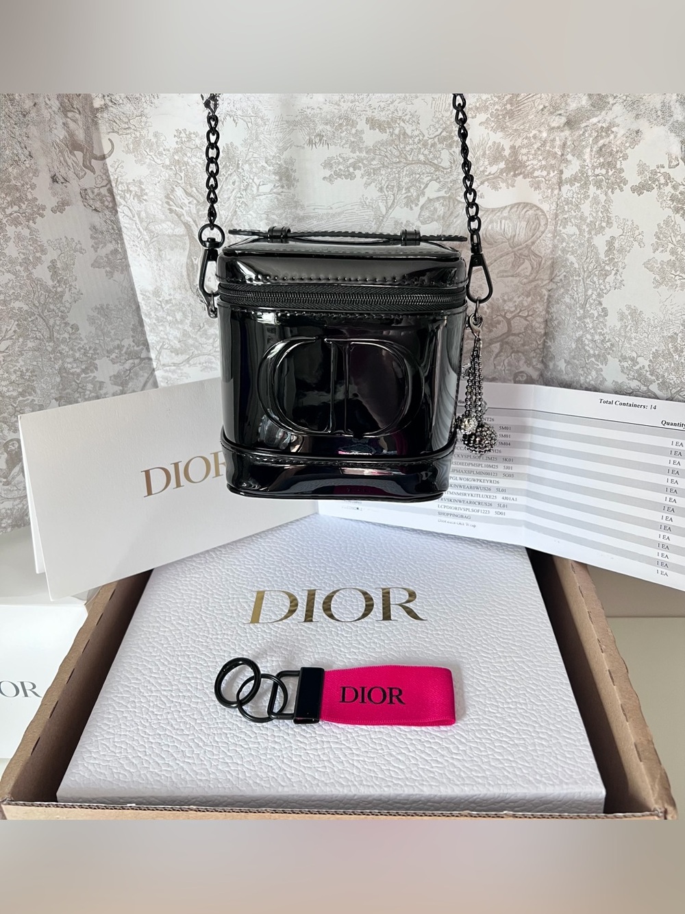 Dior Beauty Shiny Patent Enamel Black Bag Vanity Pouch Train Case Handle Strap